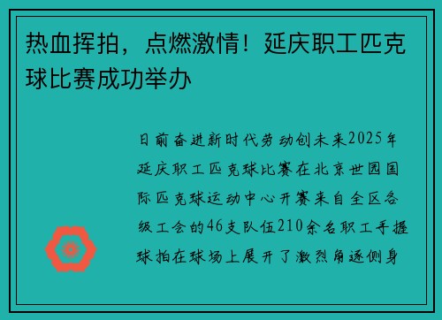热血挥拍，点燃激情！延庆职工匹克球比赛成功举办